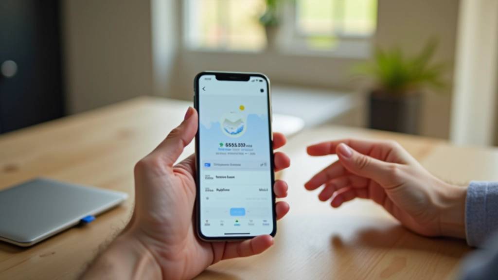 Smartphone på træbord viser investeringsapp med porteføljedata og grafer