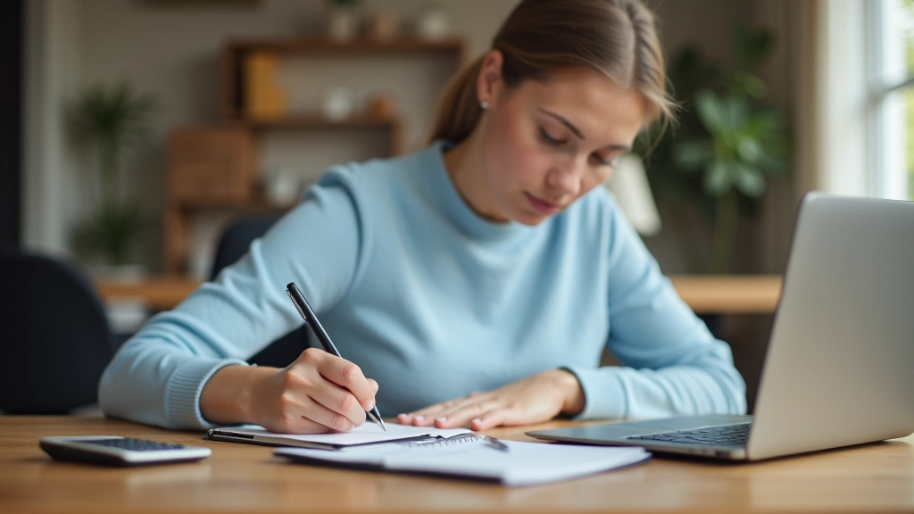 Personlig finansieel planlegging med skrevne mål, lommeregner, og kaffekop på skrivebord