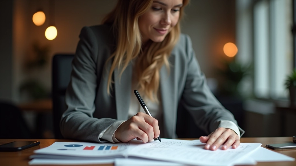Årlig finansieel review møde med pen, kalender, og økonomisk rapport på kontorbord